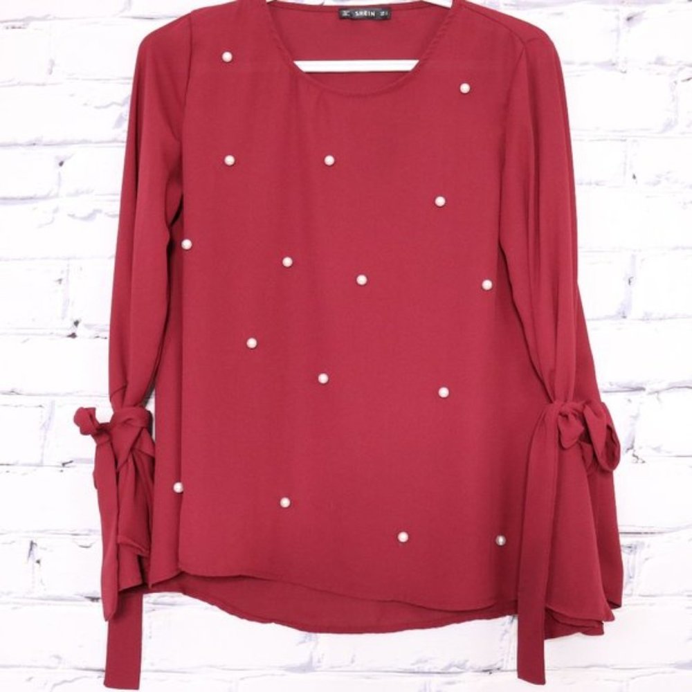 2/$20 pearl tie bell sleeve red blouse b635